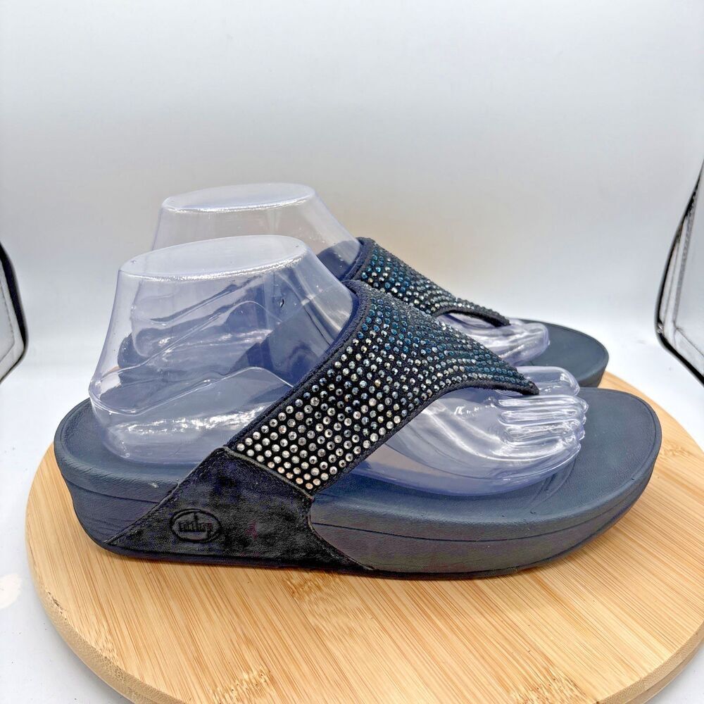 FitFlop Lulu Glitter Toe-Post Sandals Navy Size 10 Comfort Walking Sandals